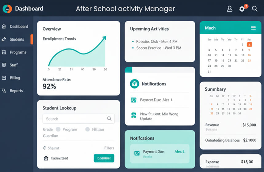 after school activity manager software dashboard showing student attendance, notifications, and upcoming activities | rakonex qatar