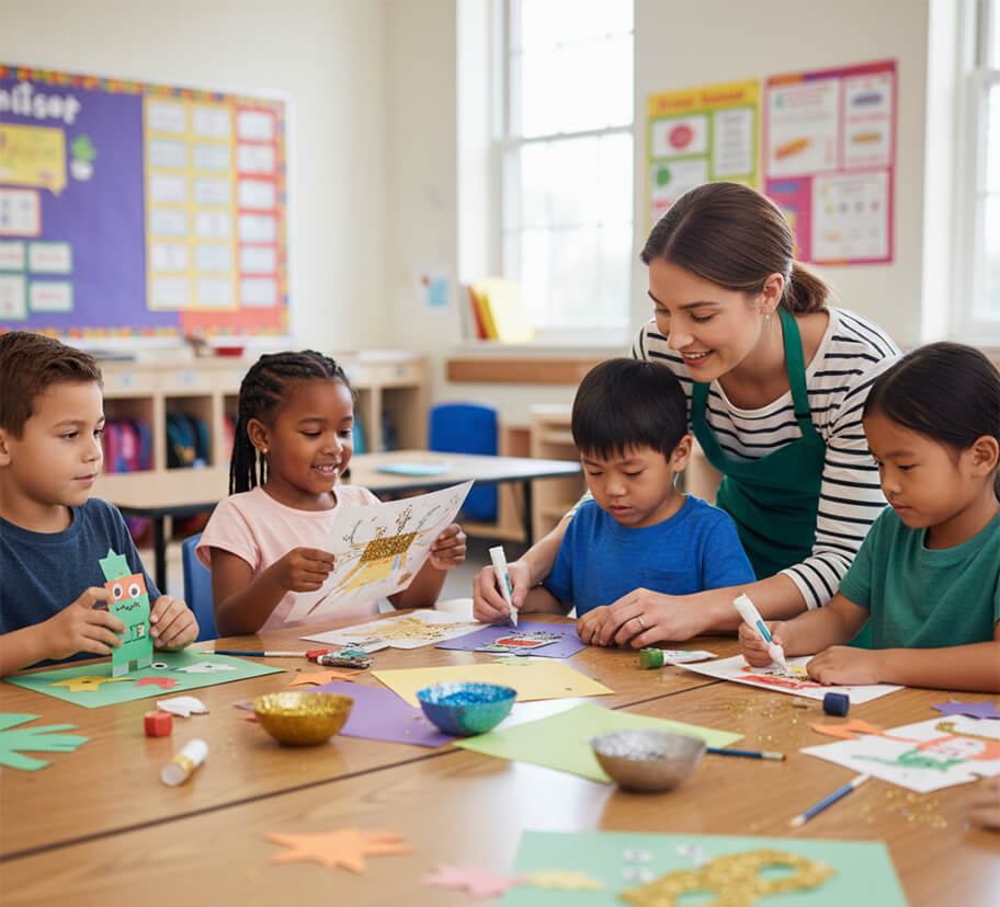 teacher guiding kids in after school activity class using rakonex after school management software qatar