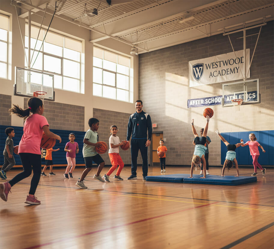 students playing basketball and doing gym activities in after school sports program managed by rakonex after school software qatar